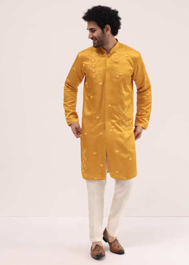 Yellow Bud Embroidered Silk Kurta Set For Men