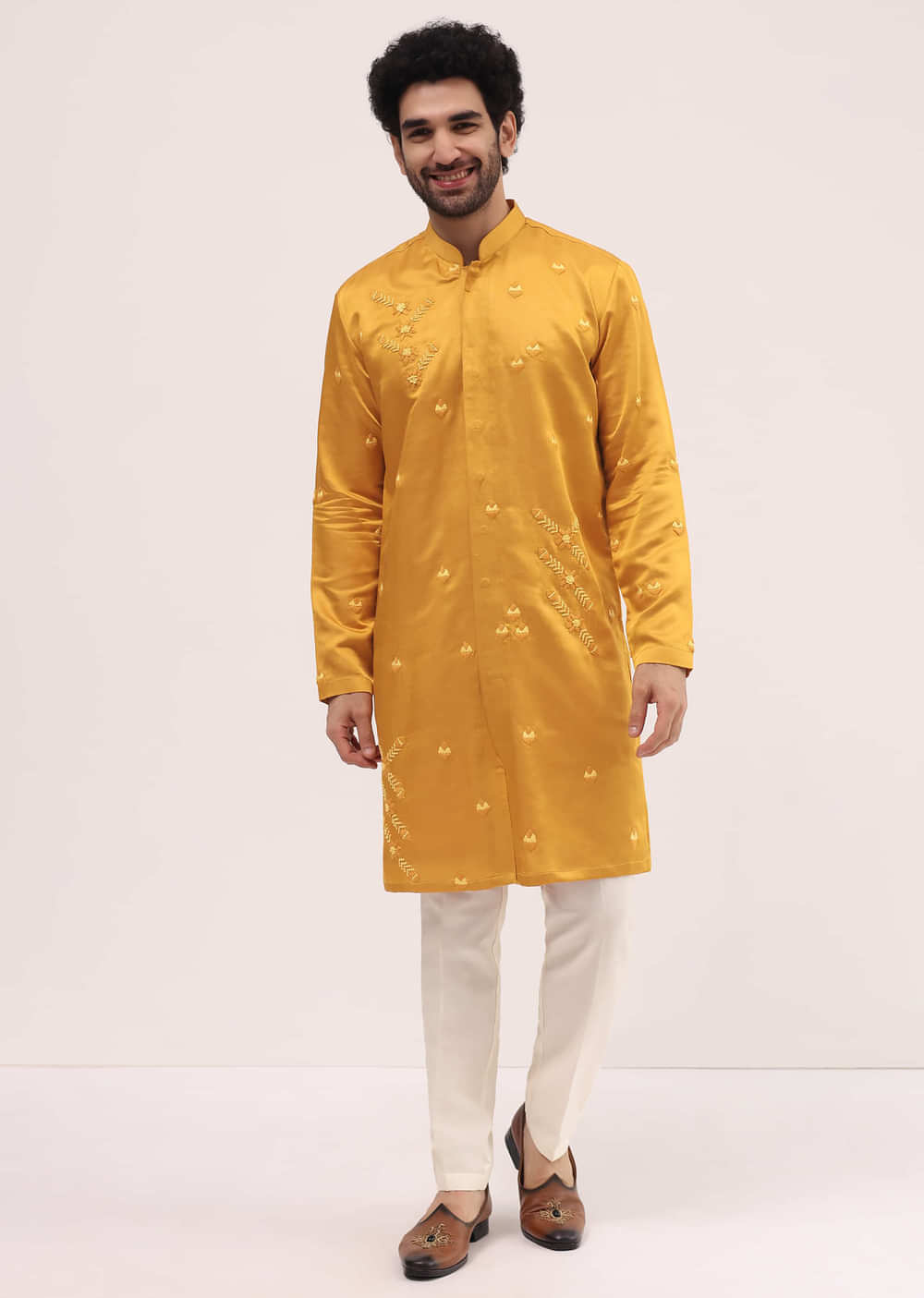 Yellow Bud Embroidered Silk Kurta Set For Men