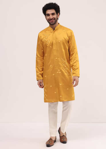 Yellow Bud Embroidered Silk Kurta Set For Men