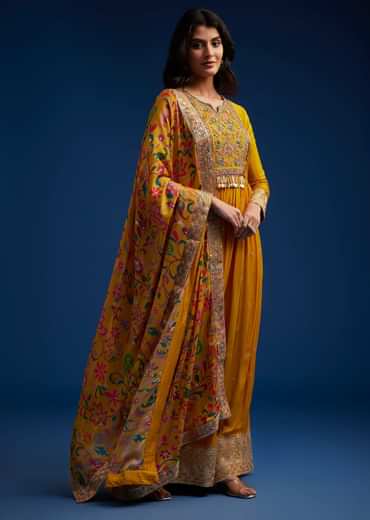 Yellow Chinon Embroidered Anarkali Set With Printed Dupatta