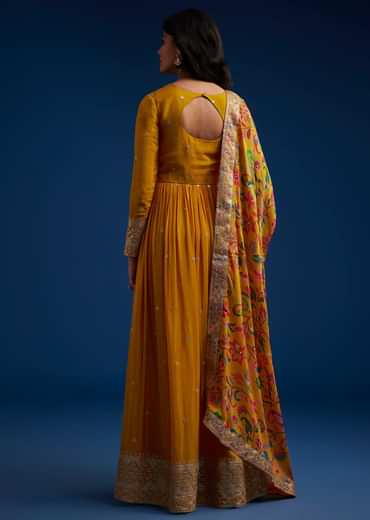 Yellow Chinon Embroidered Anarkali Set With Printed Dupatta