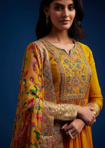 Yellow Chinon Embroidered Anarkali Set With Printed Dupatta