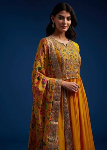 Yellow Chinon Embroidered Anarkali Set With Printed Dupatta