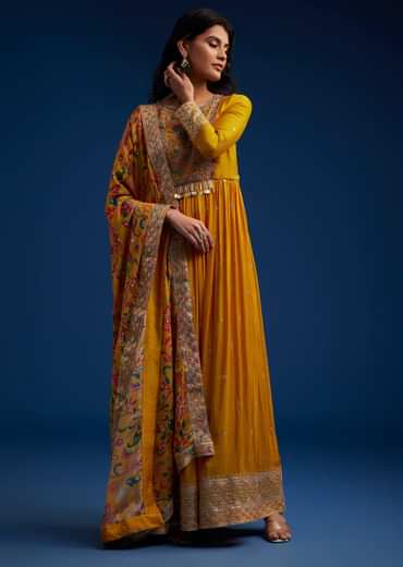 Yellow Chinon Embroidered Anarkali Set With Printed Dupatta