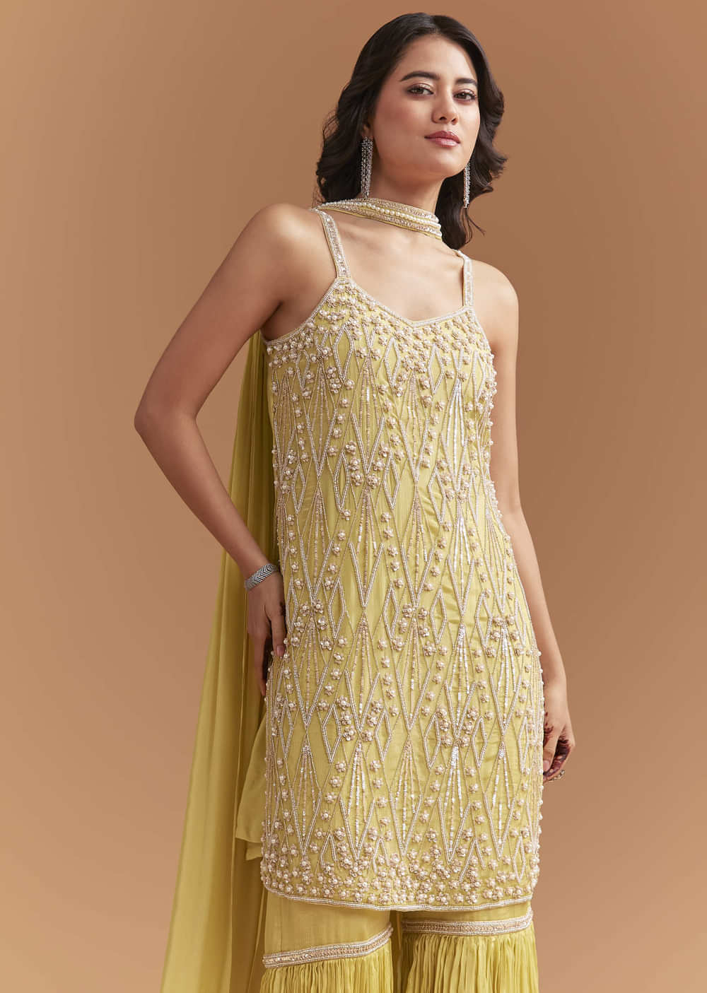 Yellow Chinon Sharara Suit With Beads And Moti Work