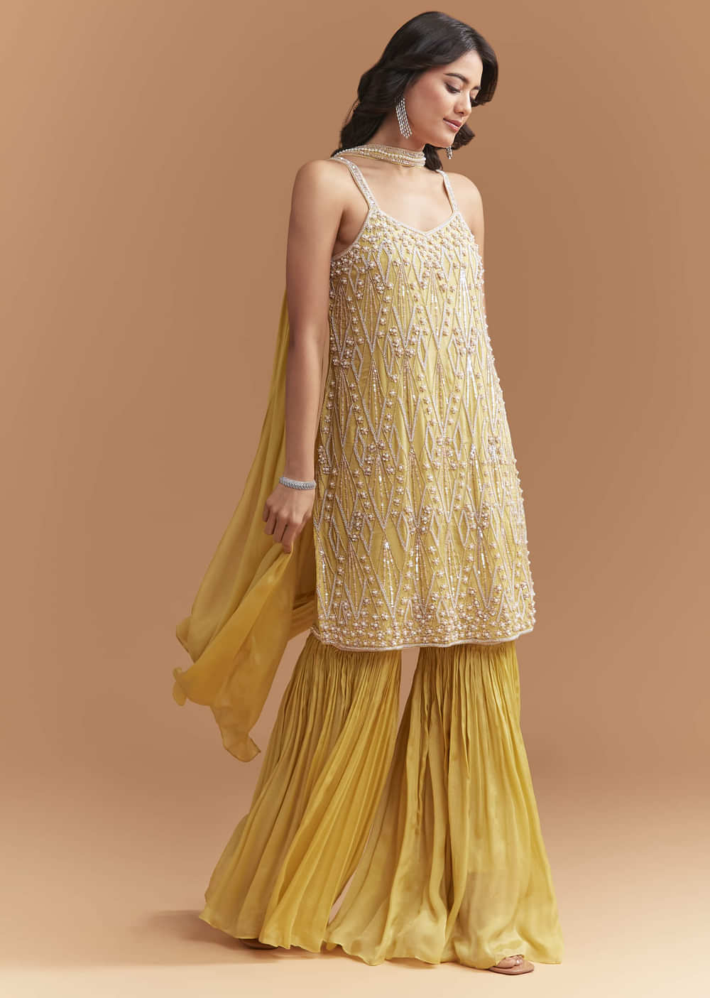 Yellow Chinon Sharara Suit With Beads And Moti Work