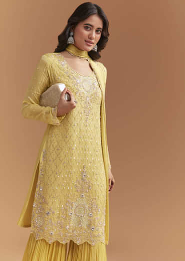 Yellow Chinon Sharara Suit With Sequins And Cutdana Work