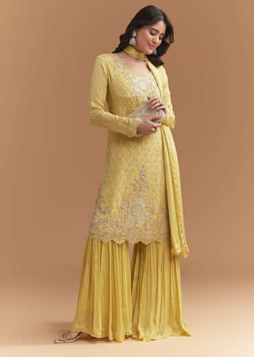 Yellow Chinon Sharara Suit With Sequins And Cutdana Work