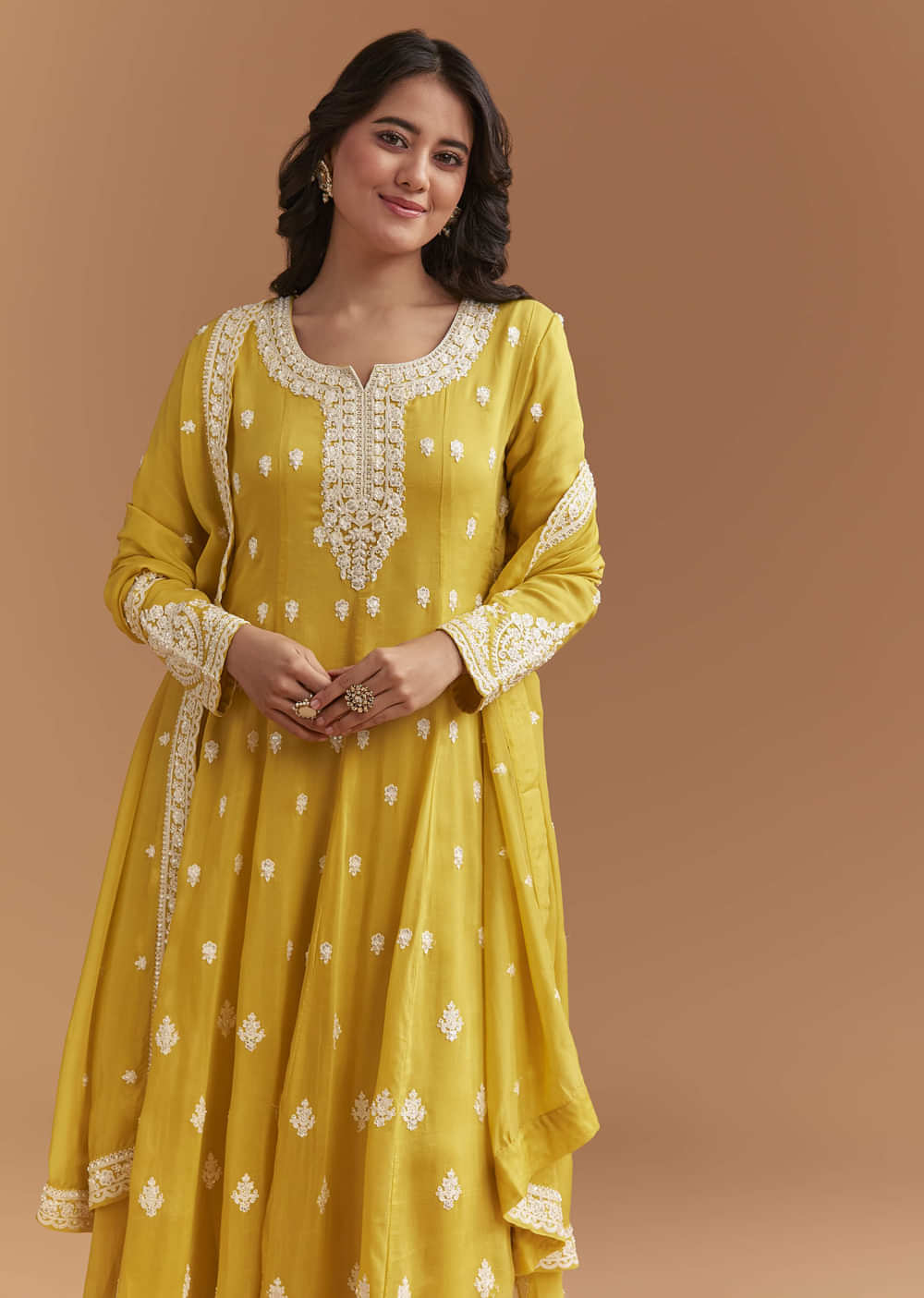 Yellow Cotton Anarkali Suit With Delicate Resham Work