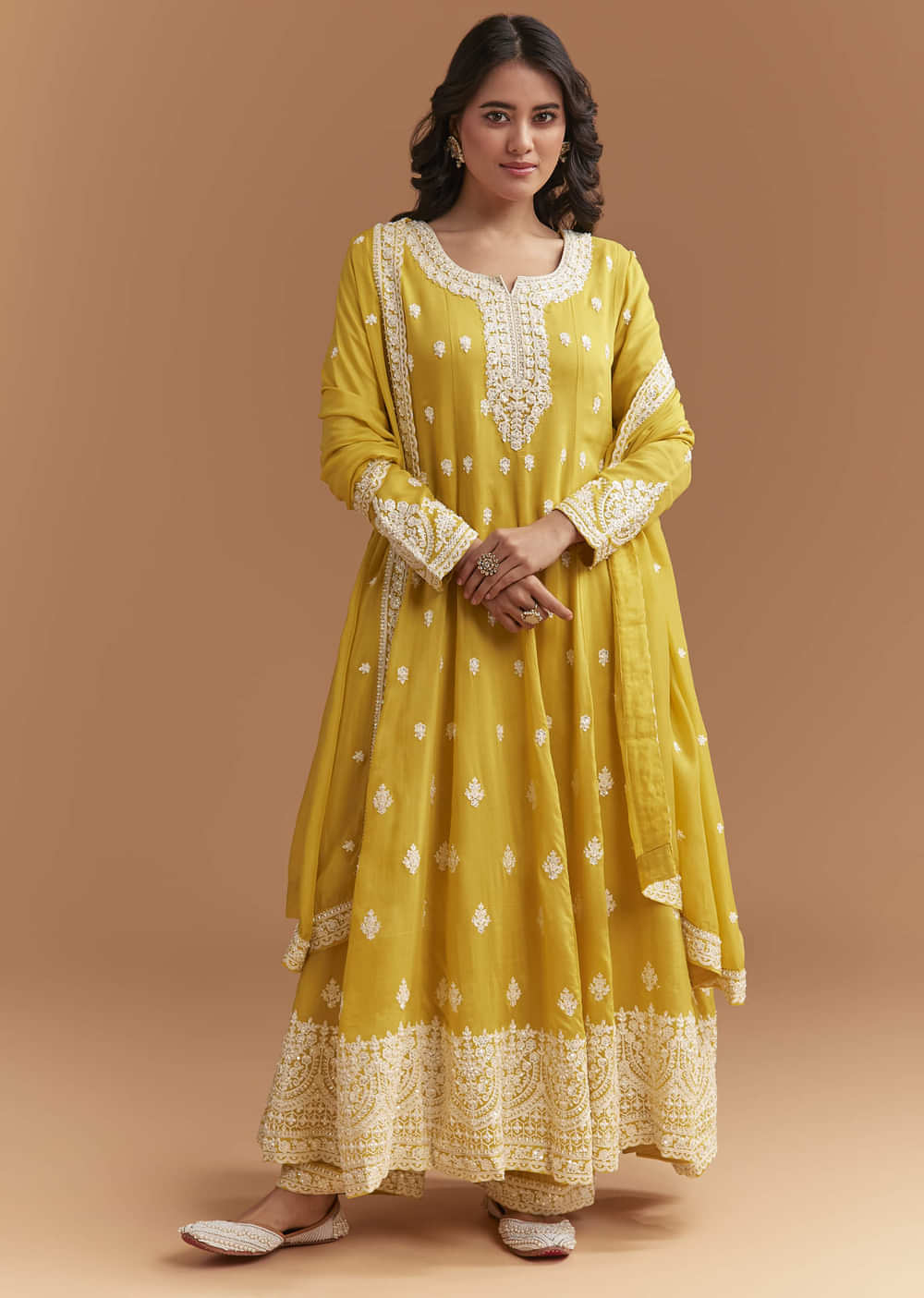Yellow Cotton Anarkali Suit With Delicate Resham Work