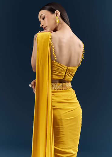 Yellow Crepe Ready Pleated Saree With Heavy Embroidery