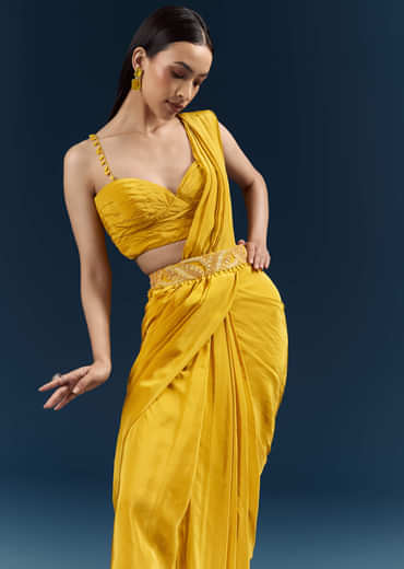 Yellow Crepe Ready Pleated Saree With Heavy Embroidery