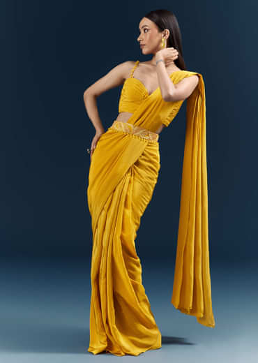 Yellow Crepe Ready Pleated Saree With Heavy Embroidery