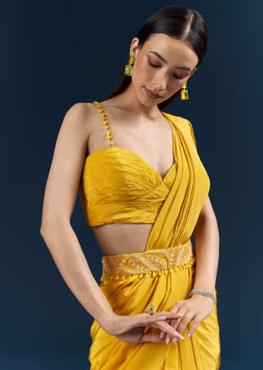 Yellow Crepe Ready Pleated Saree With Heavy Embroidery
