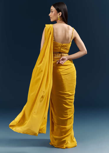 Yellow Crepe Ready Pleated Saree With Heavy Embroidery