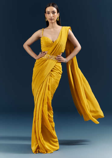 Yellow Crepe Ready Pleated Saree With Heavy Embroidery