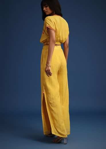 Yellow Crop Top With Slit Palazzo And Scarf