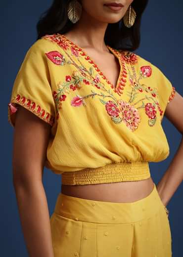 Yellow Crop Top With Slit Palazzo And Scarf