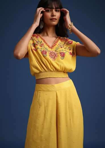 Yellow Crop Top With Slit Palazzo And Scarf