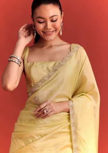 Yellow Crushed Tissue Saree With Cutdana Work