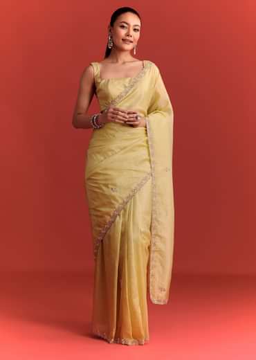 Yellow Crushed Tissue Saree With Cutdana Work