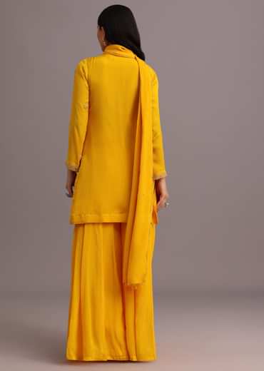 Yellow Cutdana Kurti Palazzo Suit With Dupatta