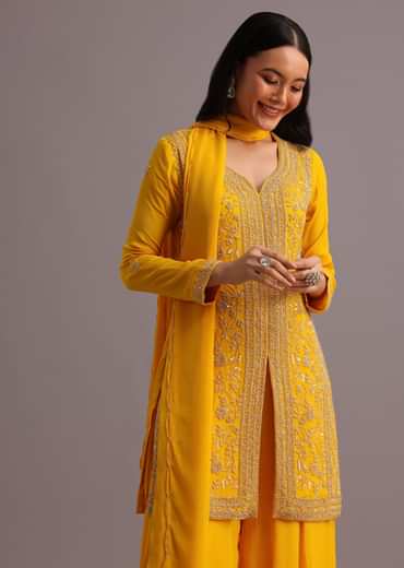 Yellow Cutdana Kurti Palazzo Suit With Dupatta