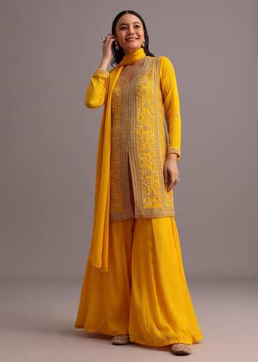 Yellow Cutdana Kurti Palazzo Suit With Dupatta