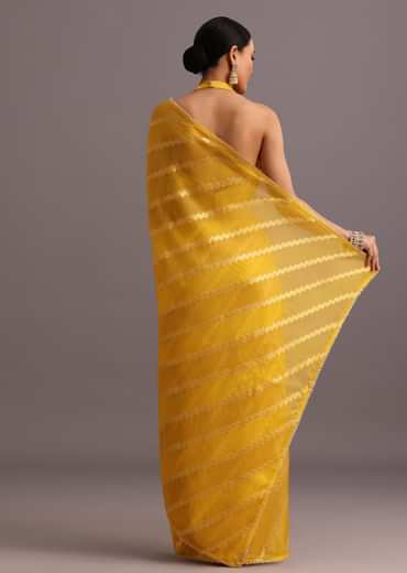 Yellow Dola Silk Leheriya Woven Saree With Gotta Patti Border