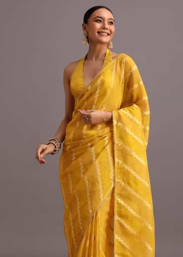 Yellow Dola Silk Leheriya Woven Saree With Gotta Patti Border