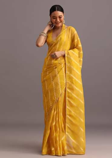 Yellow Dola Silk Leheriya Woven Saree With Gotta Patti Border