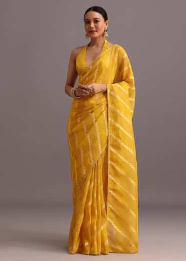Yellow Dola Silk Leheriya Woven Saree With Gotta Patti Border