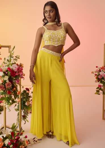 Yellow Embellished Croptop Palazzo Set With Dupatta
