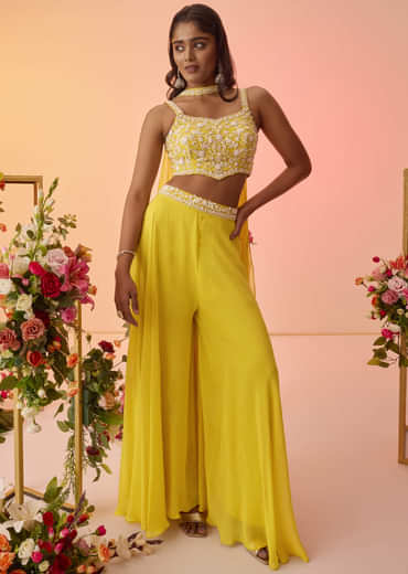 Yellow Embellished Croptop Palazzo Set With Dupatta