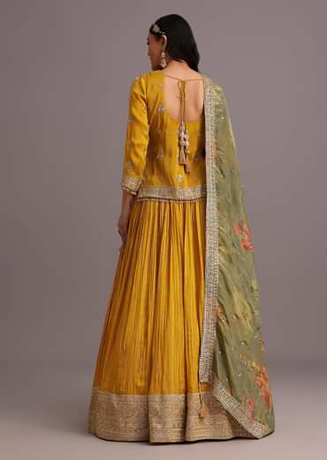 Yellow Embellished Kurta Lehenga With Printed Dupatta