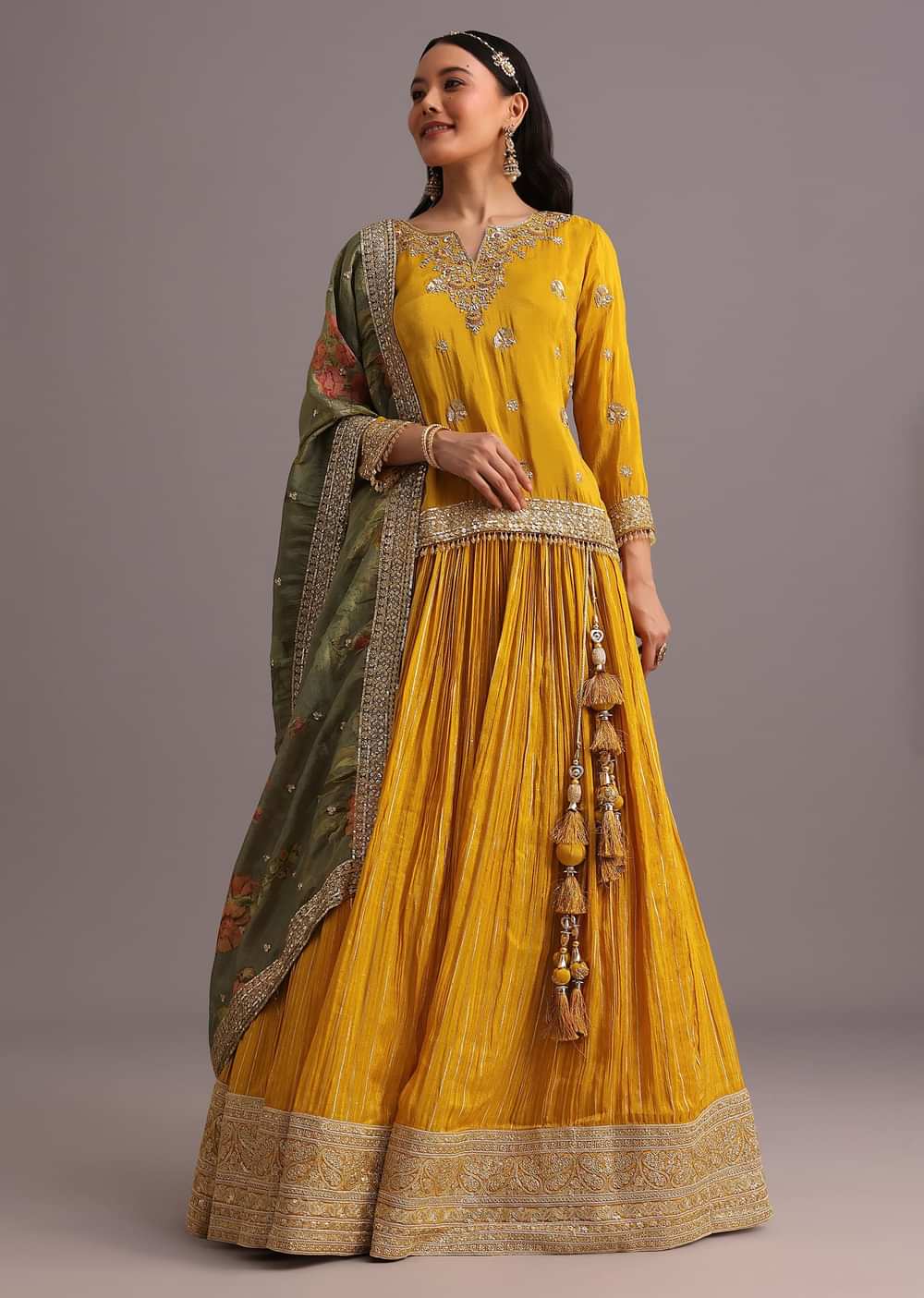Yellow Embellished Kurta Lehenga With Printed Dupatta