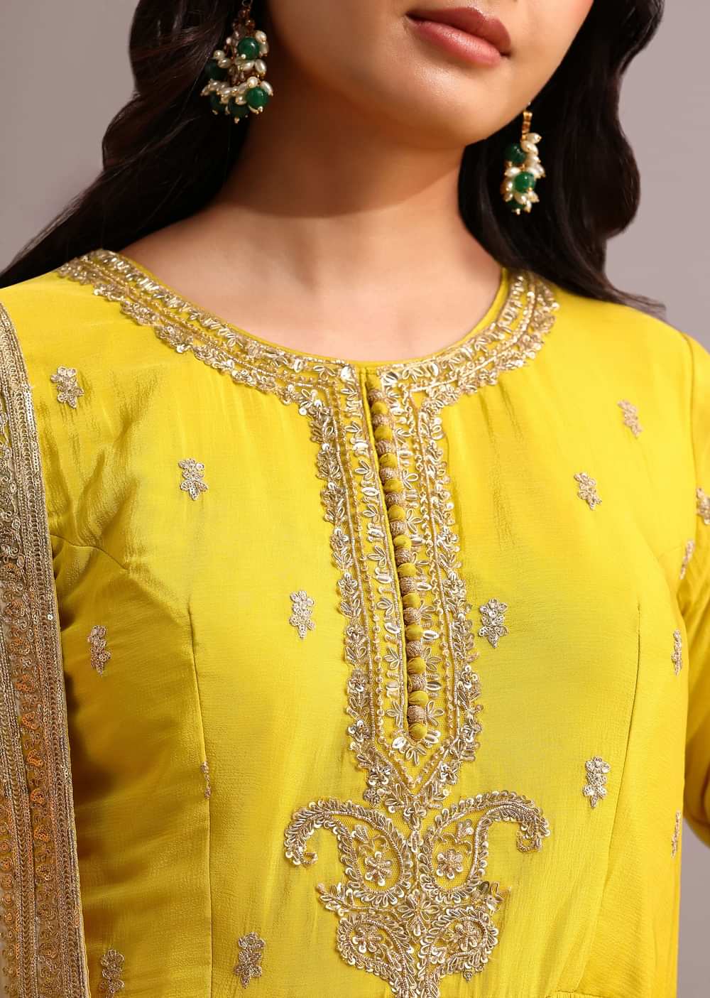 Yellow Embroidered Anarkali With Floral Printed Organza Dupatta