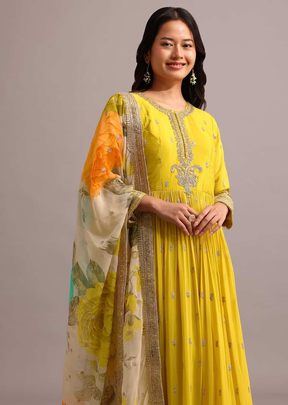 Yellow Embroidered Anarkali With Floral Printed Organza Dupatta