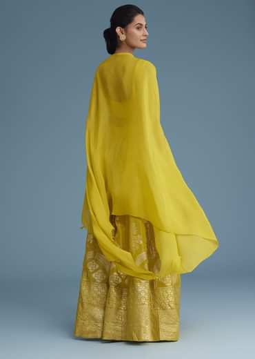 Yellow Embroidered Croptop With Banarasi Weave Palazzo And Lace Jacket