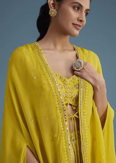 Yellow Embroidered Croptop With Banarasi Weave Palazzo And Lace Jacket