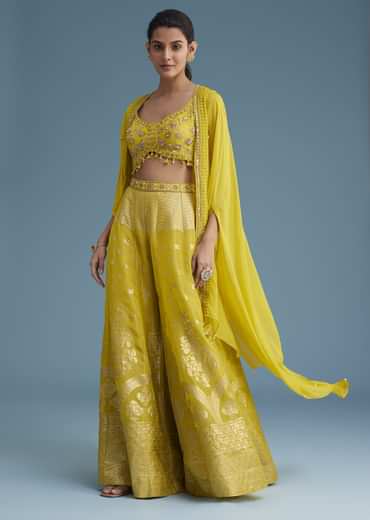 Yellow Embroidered Croptop With Banarasi Weave Palazzo And Lace Jacket