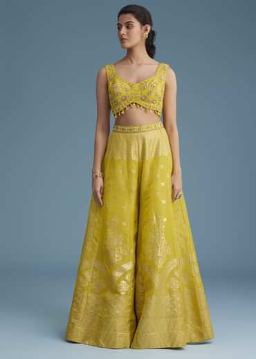 Yellow Embroidered Croptop With Banarasi Weave Palazzo And Lace Jacket