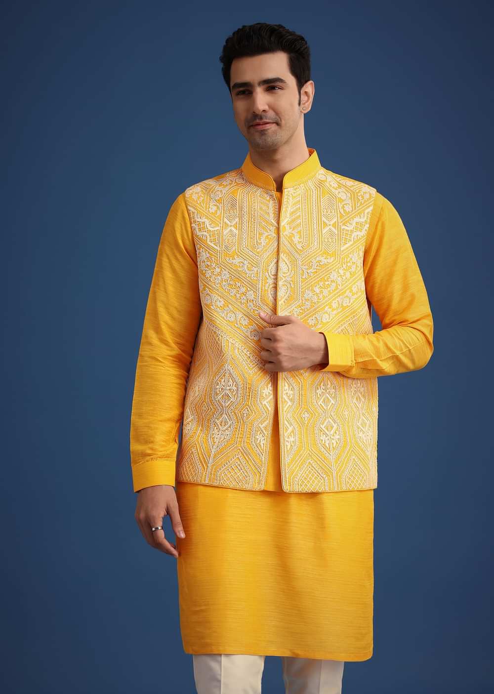Yellow Embroidered Jacket And Kurta Set In Silk