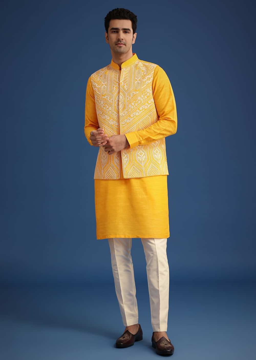 Yellow Embroidered Jacket And Kurta Set In Silk
