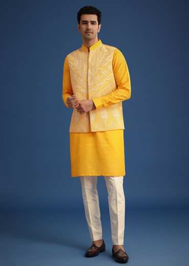 Yellow Embroidered Jacket And Kurta Set In Silk