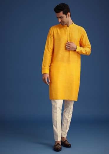 Yellow Embroidered Jacket And Kurta Set In Silk