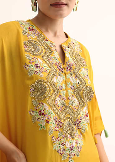 Yellow Embroidered Kaftan Kurta Set