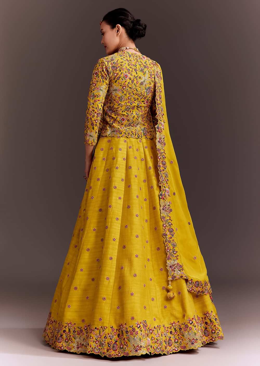 Yellow Embroidered Lehenga Set With Short Kurta And Dupatta