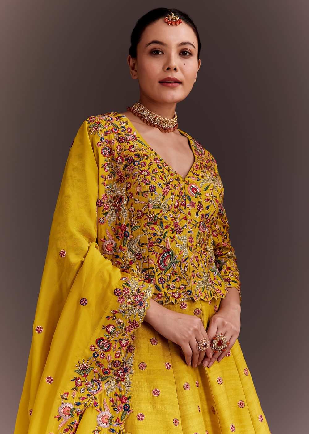 Yellow Embroidered Lehenga Set With Short Kurta And Dupatta