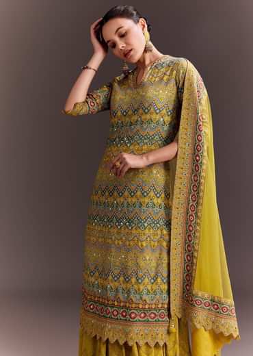 Yellow Embroidered Palazzo Suit